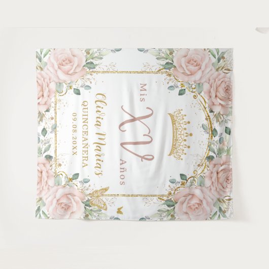 Blush roze bloemenvlinders goud quinceañera wandkleed (Voorkant (horizontaal))