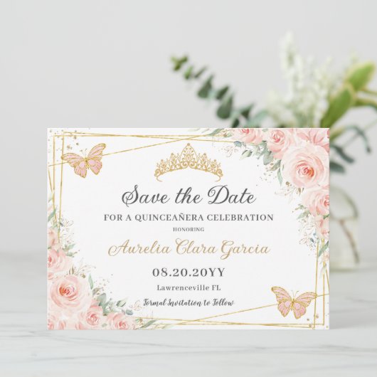 Blush roze bloemenvlinders quinceañera zoet 16 save the date (Staand voorkant)
