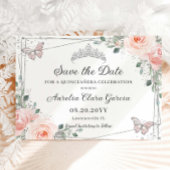 Blush roze bloemenvlinders quinceañera zoet 16 save the date