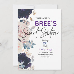 Blush roze & Blue Botanical Floral Sweet 16 Party Kaart