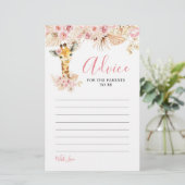 Blush Roze Boho Giraffe Baby shower Advies Kaart (Staand voorkant)