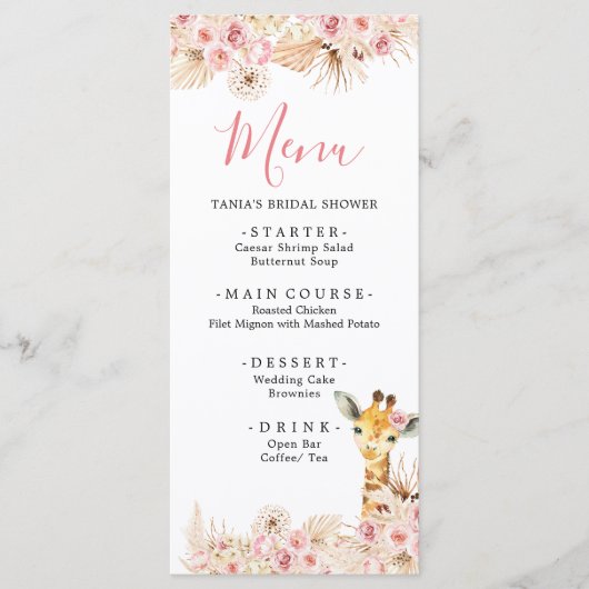 Blush Roze Boho Giraffe Baby shower Menu Kaart (Voorkant)