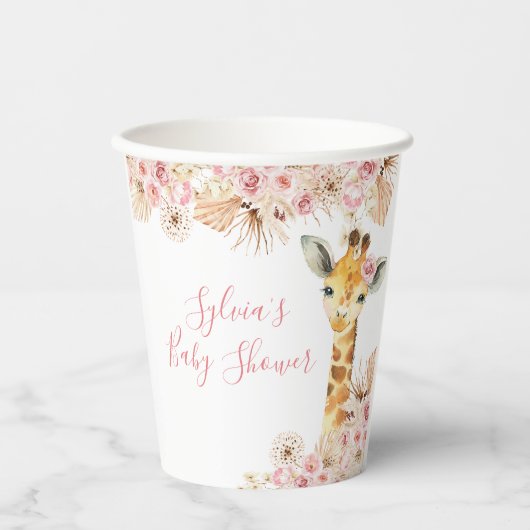 Blush Roze Boho Giraffe Baby shower papier Cup Papieren Bekers (Voorkant)