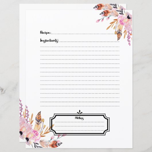 Blush roze boho veren wit recept vel insert (Voorkant / Achterkant)