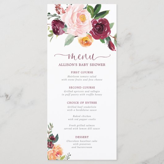 Blush roze bordeaux herfst bloemendouchemenu programma (Voorkant)