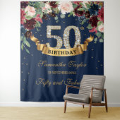 Blush roze bordeaux marine bloemenboho 50e verjaar wandkleed (In situ)