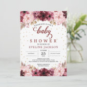 Blush roze bordeauxrode bloemenboho meisje baby sh kaart (Staand voorkant)