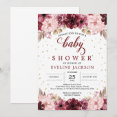 Blush roze bordeauxrode bloemenboho meisje baby sh kaart (Voorkant / Achterkant)