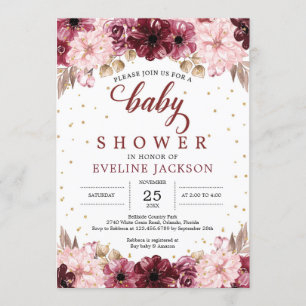 Blush roze bordeauxrode bloemenboho meisje baby sh kaart