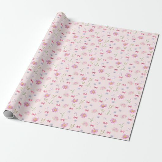 Blush Roze Bow Bloemen Meisje Verjaardagscadeau Cadeaupapier (Uitgerold)