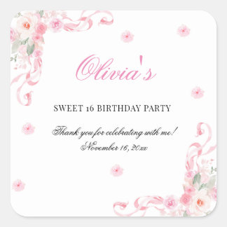 Blush Roze Bow Bloemen Sweet Sixteen Verjaardag Vierkante Sticker