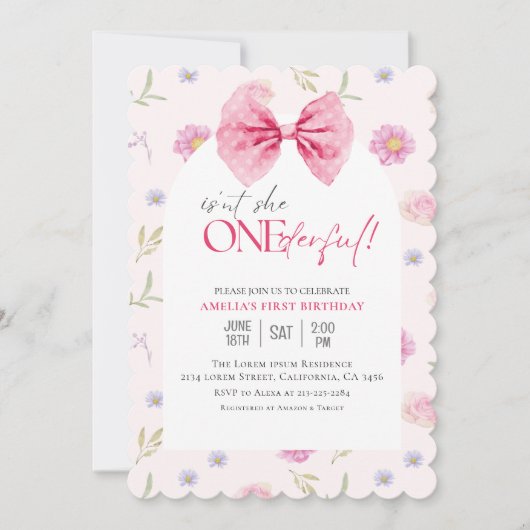 Blush Roze Bow bloesem Onederful meisje 1e verjaar Kaart (Voorkant)