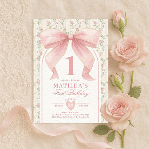 Blush Roze Bow Coquette 1e Verjaardag Kaart