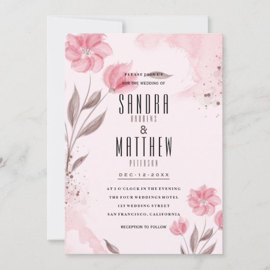 Blush roze bruin waterverf bloemen bruiloft kaart (Voorkant)