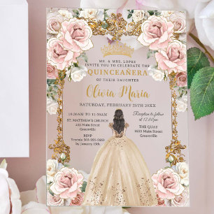 Blush Roze Champagne Floral Quinceañera Acryl Uitnodigingen
