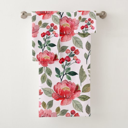 Blush roze Cherry Red Floral Pattern Bad Handdoek (Insitu)