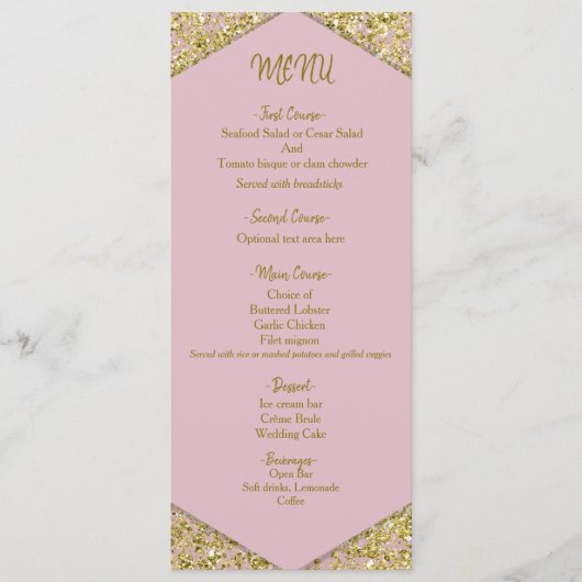 Blush roze chic Gold Glitter Flakes Glam Weddensch Menu (Voorkant)