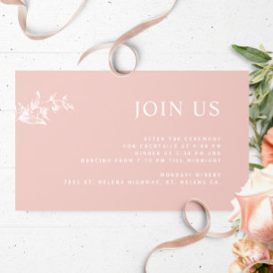 Blush roze, chique modern Join Us Receptie Bruilof Informatiekaartje