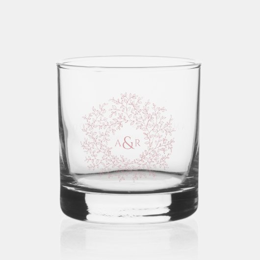Blush roze cirkel blad tekening monogram bruiloft whisky glas (Voorkant)