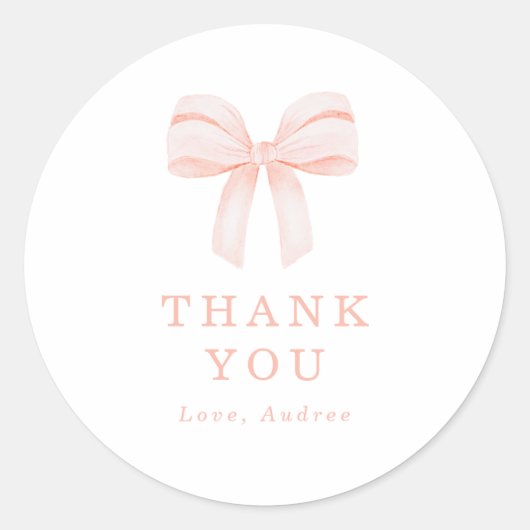 Blush Roze Coquette Bow Verjaardagsfeest Dank u Ronde Sticker (Voorkant)