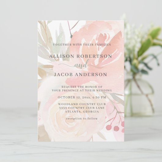 Blush Roze Cream Perzik Sage Groene Bruiloft Kaart (Staand voorkant)