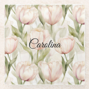 Blush Roze Crème Tulpen Bloemen Glazen Onderzetter