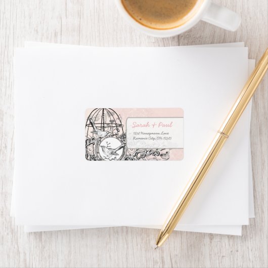 Blush Roze Damast Vogelkooi RSVP Label (Insitu)