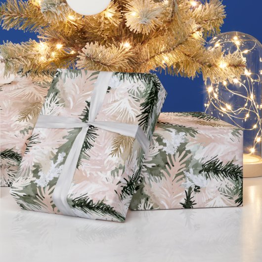 Blush roze dennen groene kerstbomen cadeaupapier (Feestdagen)