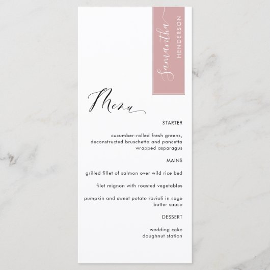 Blush roze die is gepersonaliseerd met gastnaam le menu (Voorkant)