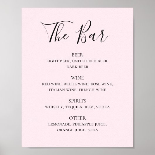 Blush roze, eenvoudig script drink bar menu poster (Voorkant)
