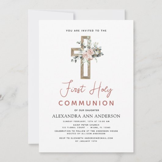 Blush Roze Eerste Heilige Communie Bloemen Roos Kaart (Voorkant)