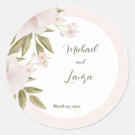 Blush Roze Elegante Waterverf Bloemen Huwelijk Ronde Sticker