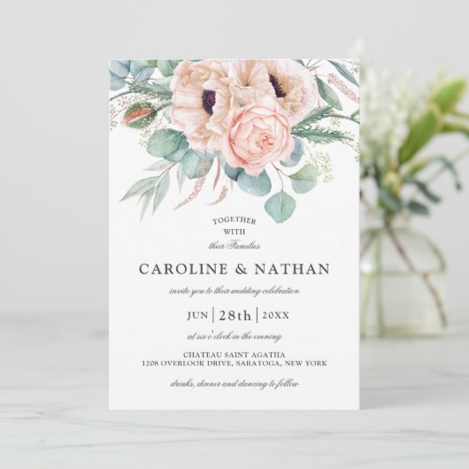 Blush Roze en Beige Waterverf Bloemen bruiloft Kaart (Staand voorkant)