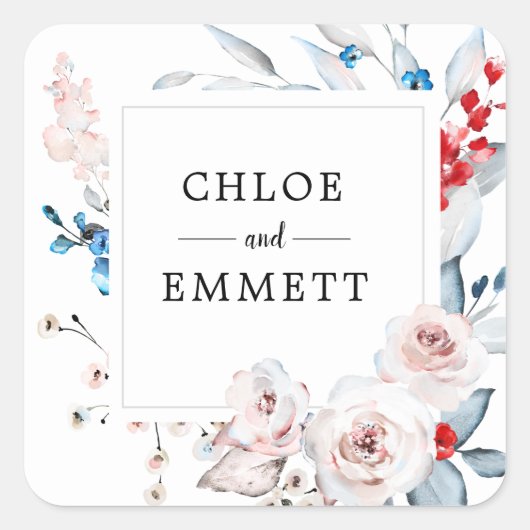 Blush Roze en Blauw Bloemen Bruiloft Favor Vierkante Sticker (Voorkant)
