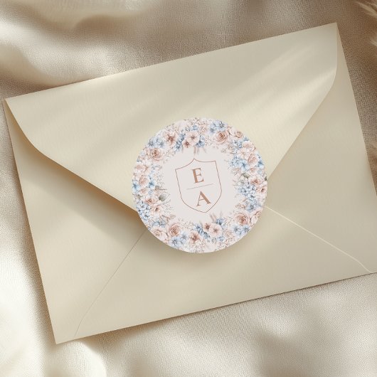 Blush Roze en Blauwe Waterverf Bloemenbruiloft Ronde Sticker