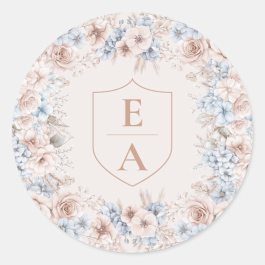 Blush Roze en Blauwe Waterverf Bloemenbruiloft Ronde Sticker (Voorkant)