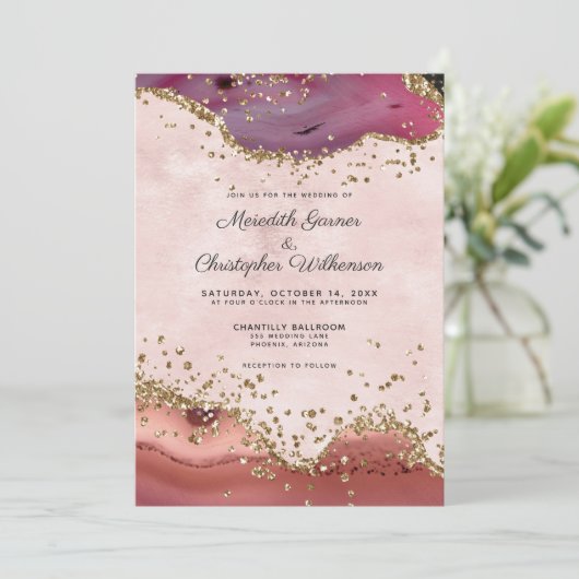 Blush roze en Bourgondische agaat bruiloft Kaart (Staand voorkant)