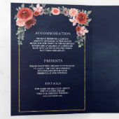Blush Roze en Bourgondische Bloemen Marine Blauw B Drieluik Uitnodiging (Binnenzijde eerst)