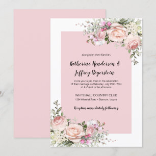 Blush Roze en Cream Waterverf Rozen Bruiloft Kaart
