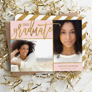 Blush Roze en Gold Faux Folie 2 Foto Afstuderen Aankondiging