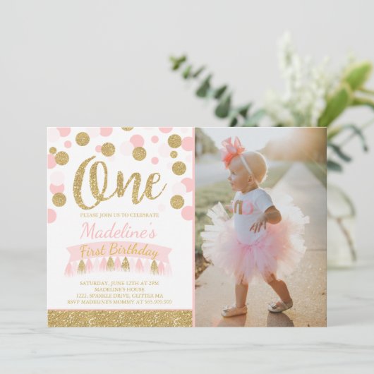 Blush roze en goud 1e verjaardag uitnodiging (Staand voorkant)