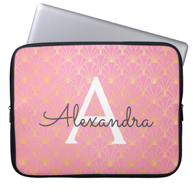 Blush roze en goud Art Deco Patroon Monogram Laptop Sleeve (Voorkant)