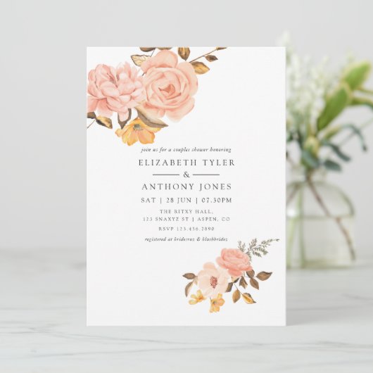 Blush Roze en Goud Bloemen Koppels Douche Kaart (Staand voorkant)