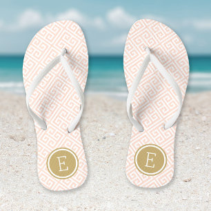 Blush Roze en Goud Griekse Sleutel Monogram Teenslippers