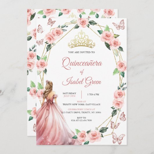 Blush roze en goud Quinceañera Kaart (Voorkant / Achterkant)