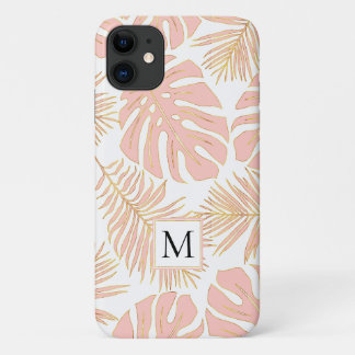 Blush roze en goud tropische bladeren en monogram iPhone 11 hoesje