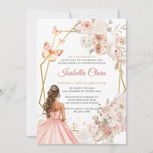 Blush Roze en Gouden Bloemen Prinses Quinceanera Kaart (Voorkant)