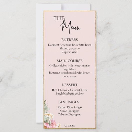 Blush Roze en Gouden Bruiloft Menu (Voorkant)
