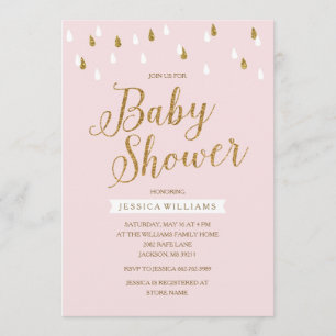 Blush roze en gouden glitter regendruppels Baby sh Kaart