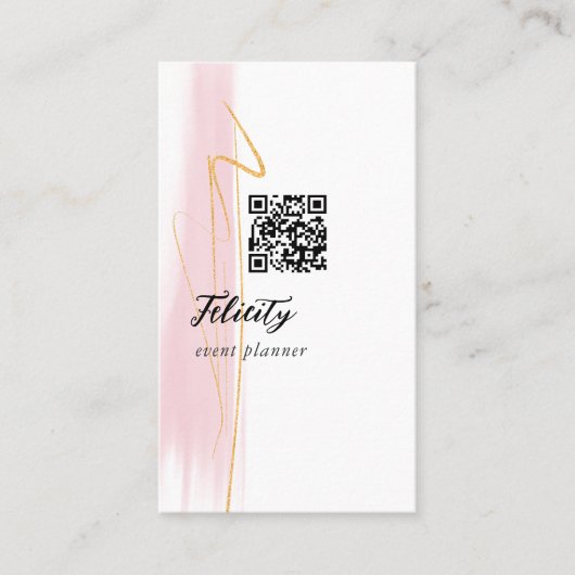 Blush Roze en gouden penseelstreken QR-code Visitekaartje (Voorkant)